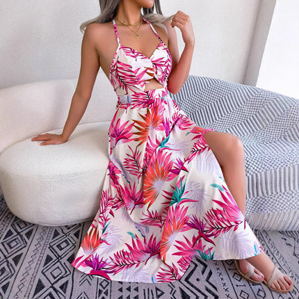 2026 Spring/Summer European and American Floral Sleeveless Hollow-Out Strap Long Dress Vacation Beach Dress Amazon Cross-Border Women's Clothing