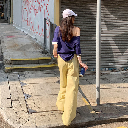 Korean Style Casual Style 2025 Spring and Summer New Plaid Stitching Double Waist Drawstring Pocket Loose Wide Leg Casual Pants for Women