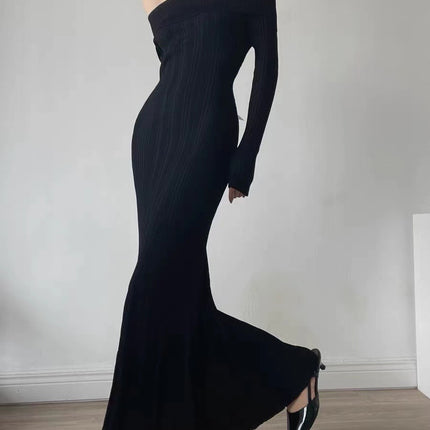 Zhao Liying star same off-the-shoulder dress autumn S socialite P light luxury French sweater off-the-shoulder banquet dress
