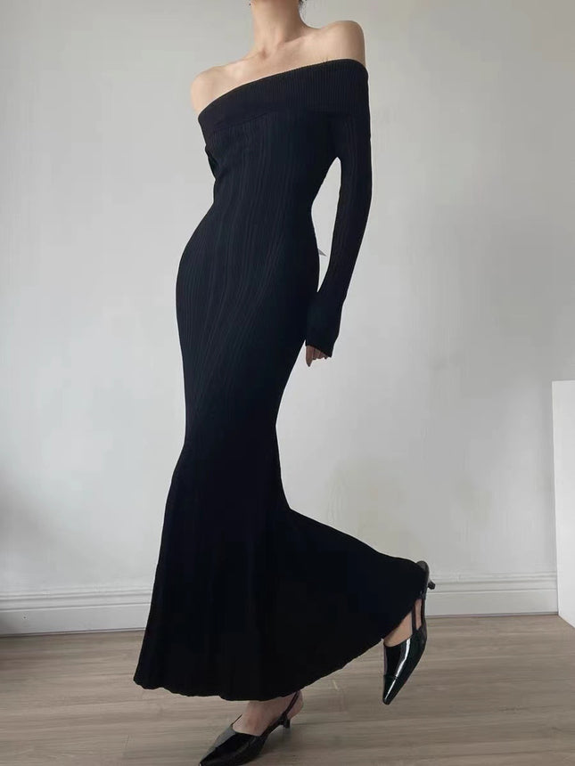 Zhao Liying star same off-the-shoulder dress autumn S socialite P light luxury French sweater off-the-shoulder banquet dress
