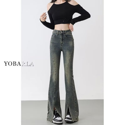 Pear-Shaped Figure Retro Distressed Flared Slit Jeans for Women, Spring and Autumn, Plus Size, High-Waisted, Slimming, Flared Pants