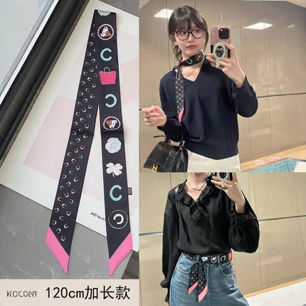 Lined Letter C Puppy Double-Layer Printed All-Match Tie Bag Ribbon Hair Band Ribbon Women's Decorative Small Scarf