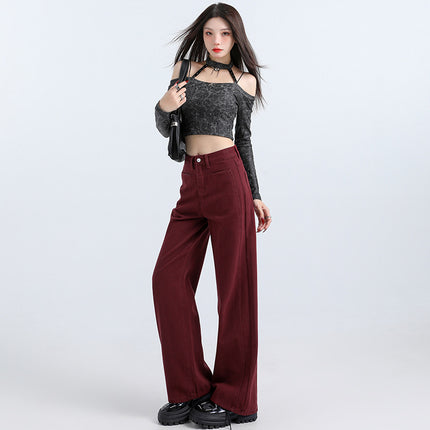 American Ankara Red Narrow Straight-Leg Jeans for Women, Autumn New Loose Slimming Versatile Floor-Length Wide-Leg Pants