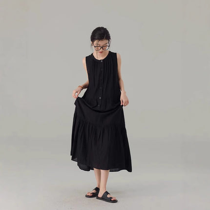 Black Lazy Style Ver Dress Women's 2025 Summer New Round Neck Sleeveless Loose A- line Dress Commuter Casual Long Dress