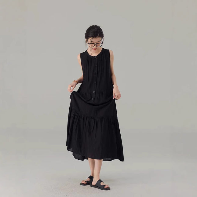 Black Lazy Style Ver Dress Women's 2025 Summer New Round Neck Sleeveless Loose A- line Dress Commuter Casual Long Dress