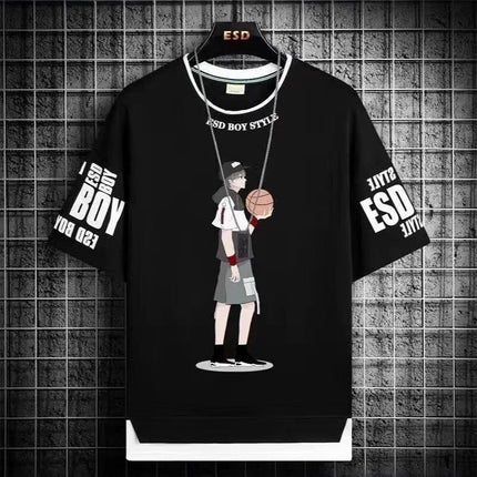 Boys' Short-Sleeve T-Shirt Trendy Brand Men's Clothing Live Broadcast for Middle School Students and Older Children Summer Half-Sleeve Youth Clothing for Ages 12-18
