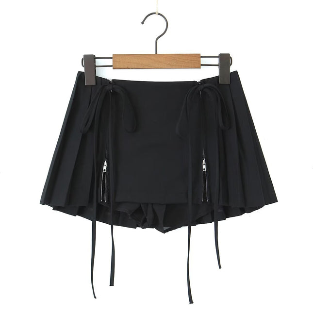 Aliexpress Saw Independent Site Zippered Skirt with a Stylish Design, Waist Tie, Energetic Pleated Low-Waist Mini Skirt