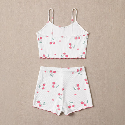 2025 Cherry Heart Print Camisole and Shorts Women's Pajama Two-Piece Set Home Wear Set with 3D Print
