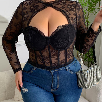 New European and American Style Plus-Size Slim-Fit Lace Mesh Patchwork Lace Sexy Hollow-Out Sheer Fishbone Underwire Top