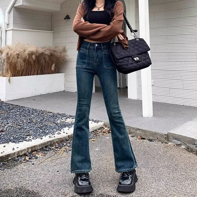 Blue Jeans Women's Small High Waist Slim-fit Slim Look Tall Micro-flared Pants Korean-style Stretch All-match Mop Pants