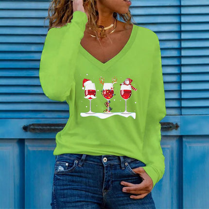 New Color European and American Amazon Aliexpress Christmas Three Wine Glass Printed Long-Sleeved Versatile Christmas Women's T-Shirt