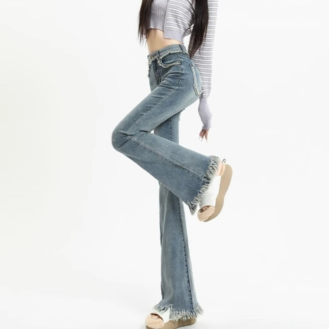 Burr-Edge Micro-Raise Jeans Women's Trendy All-Match New Explosive High-Waist Slim-Fit Horseshoe Trousers