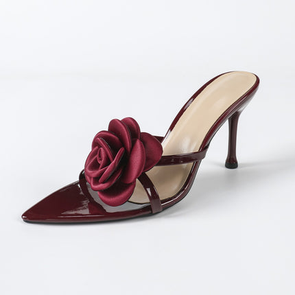 Factory wholesale cross-border European and American women's three-dimensional flower patent leather pointed high heel sandals women's shoes wine red high heels