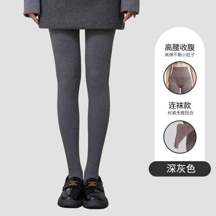 Autumn and Winter High-Waisted Tummy Control Cotton Ribbed Leggings for Women, Fleece-Lined, Thickened, Warm, Slight Compression, Slimming Tights
