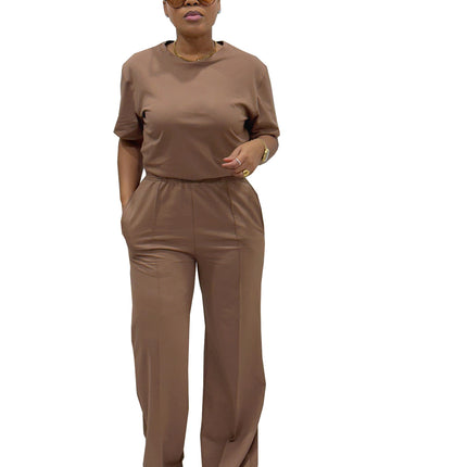 Tw658 Amazon Cross-Mirror European and American Fashion Casual Suit Elegant Commuter Short-Sleeved Top Wide-Leg Two-Piece Set