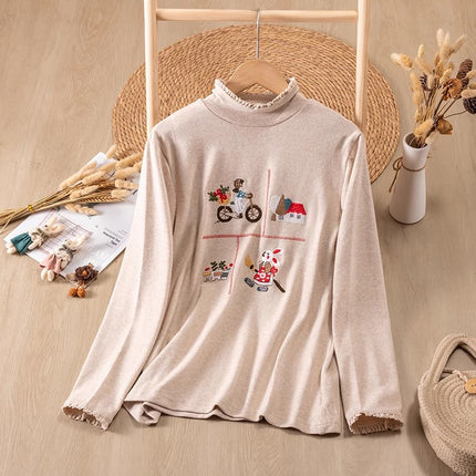 8177 Mori Style Sweet Embroidered High Neck Stretch Long Sleeve Base Shirt Loose All-match Cotton Slim Inner Top