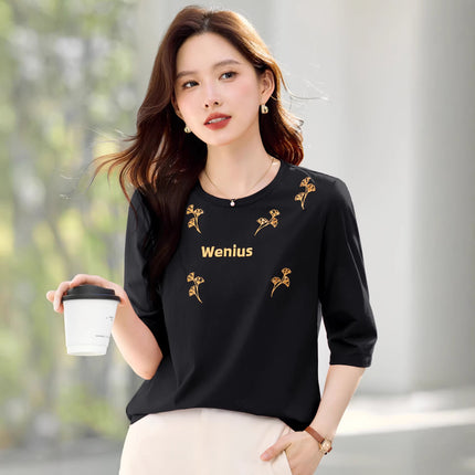 Summer T-Shirt for Petite Women, Korean Style, Loose Fit, Versatile, Casual, Stylish, Fashionable, Round Neck, Elegant Women's T-Shirt, Wholesale