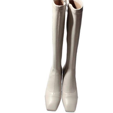 Minimalist Style ~ Small Square Toe Thick Heel Boots for Women, No More Than Knee Soft Leather Boots for Women, Simple White High Boots for Women