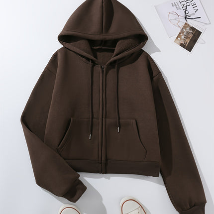 Warm Plush-Lined Solid Color Hoodie - Women's Casual Zip-Up