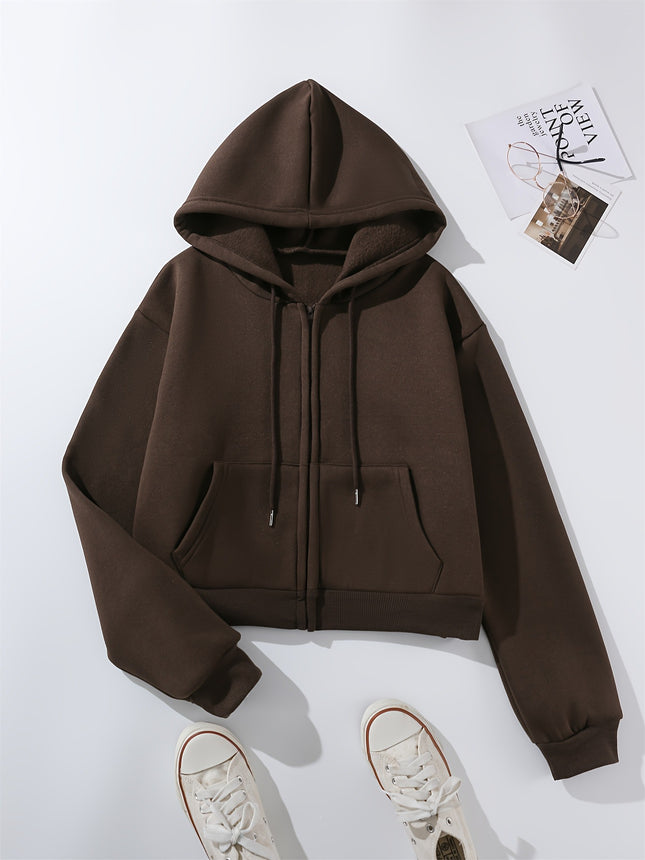Warm Plush-Lined Solid Color Hoodie - Women's Casual Zip-Up