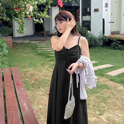 A0109 Summer New Women's Clothing Plus Size Fat mm Elegant French High-Waisted Waist-Cinching Pleated Spaghetti Strap Dress-Bfd