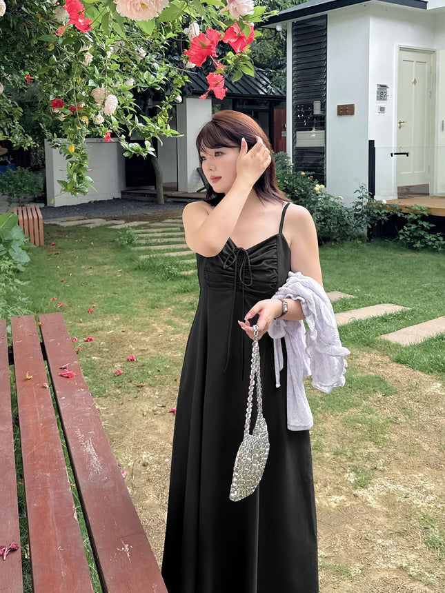 A0109 Summer New Women's Clothing Plus Size Fat mm Elegant French High-Waisted Waist-Cinching Pleated Spaghetti Strap Dress-Bfd