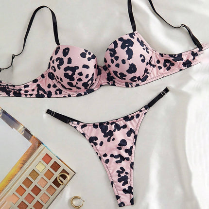 European and American Cross-Border Leopard Print Sexy Bra Thong Set Comfortable Push-Up Underwear Set