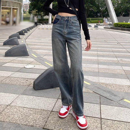 Vintage Blue Wide Leg Jeans Women's Autumn Trendy All-match New Loose High Waist Straight Slimming Casual Long Pants