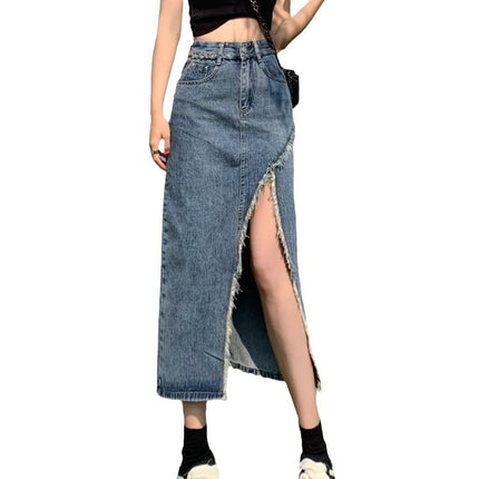 High Waist Slimming Denim Skirt Women's Trendy All-match Summer Lightweight New Irregular Split A- Line Mid-length Skirt