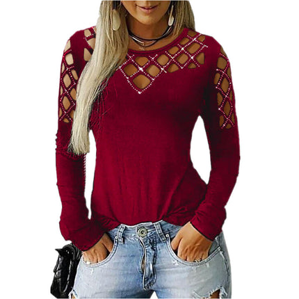European and American cross-border 2023 Women's clothing eBay Amazon wish autumn and winter popular hollow rhinestone long-sleeved T-shirt top for women