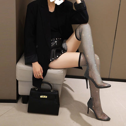 Women's Cut-Out Over-The-Knee Boots, Internet Celebrity Style, Bling Bling Rhinestone Stiletto Fishnet Boots, Fashionable Ins High Heels