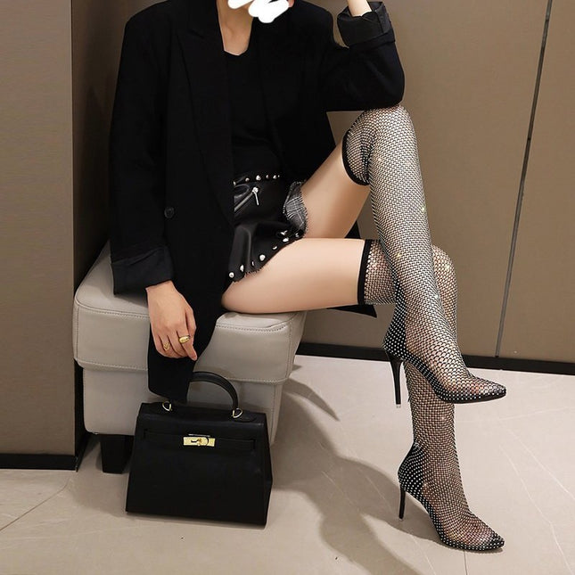Women's Cut-Out Over-The-Knee Boots, Internet Celebrity Style, Bling Bling Rhinestone Stiletto Fishnet Boots, Fashionable Ins High Heels
