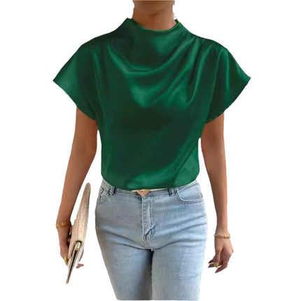 2026 Cross-Border Hot-Selling New Product Round Neck Short-Sleeve Left Shoulder Ruched T-Shirt Satin Women's Top Wholesale in Stock
