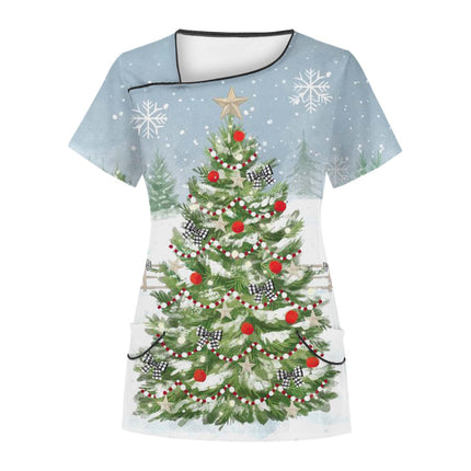 Cross-Border Aliexpress Amazon Women's Short-Sleeved Christmas Positioning Printed Flap Pocket Pants Top Scrub Clothes T-Shirt