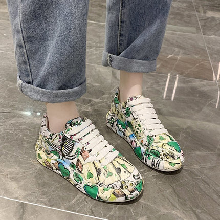 European and American New Hand-painted Graffiti Sneakers Women's McQueen White Shoes Leather Top Thick-soled Elevated Board Shoes Women's Casual Shoes Trendy