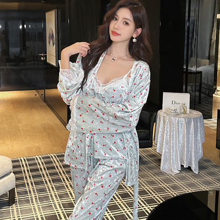 Wholesale Autumn and Winter New Style Gold Velvet Light Luxury Pajamas for Women Gold Velvet Home Clothes Live Broadcast Three-Piece Set Lace Pure Desire