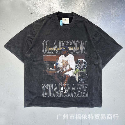 Saint Michael Cho Big Face European and American Retro Washed and Distressed Commemorative Portrait Short-Sleeved T-Shirt Trendy