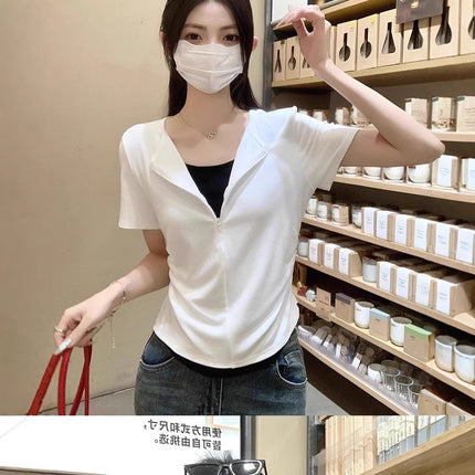 French Style Lace Stitching Design Sense Fake Two-piece Short Waist Tops Women's Summer Small Gray Short-sleeved T-shirt