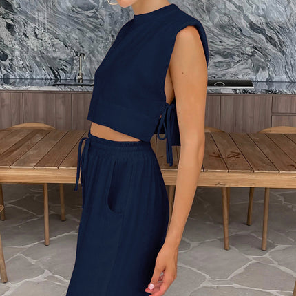 Fashion Cotton Linen suit Women's 2024 Summer New Shoulder Pad Sleeveless Top Trousers Two-piece Set of European and American Casual