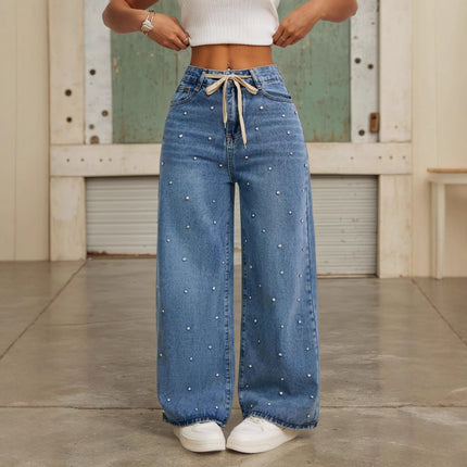 Beaded Jeans for Women Summer New Fashion High-Waisted Loose Slimming Straight Versatile Wide-Leg Floor-Length Pants with Fashionable