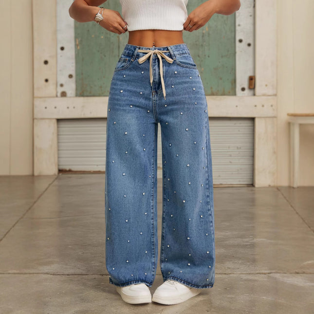 Beaded Jeans for Women Summer New Fashion High-Waisted Loose Slimming Straight Versatile Wide-Leg Floor-Length Pants with Fashionable