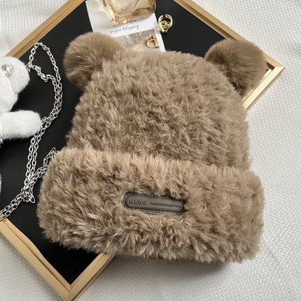 Bear plush knitted hat women's autumn and winter warm anti-fur pullover wool hat face-looking small sweet cute basin hat
