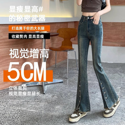 Cement gray frayed micro-blazer jeans women's fashion all-match new split-breasted design horn horseshoe pants