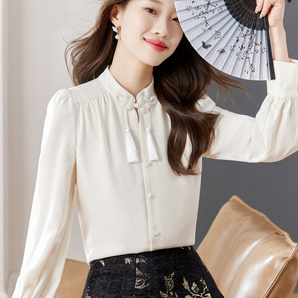 New Chinese Style Chinese Style Zen Style Improved Hanfu Long Sleeve Shirt Women's Matching Horse Face Skirt Elegant Top