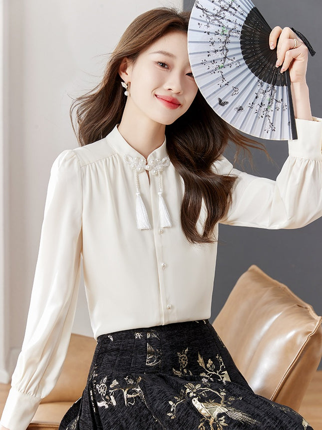 New Chinese Style Chinese Style Zen Style Improved Hanfu Long Sleeve Shirt Women's Matching Horse Face Skirt Elegant Top