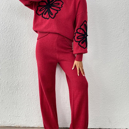 Cross-Border European and American Women's Clothing Set: Ribbon Embroidery Floral Half-High Collar Lantern Sleeve Pullover Sweater and Straight Wide-Leg Pants Two-Piece Set