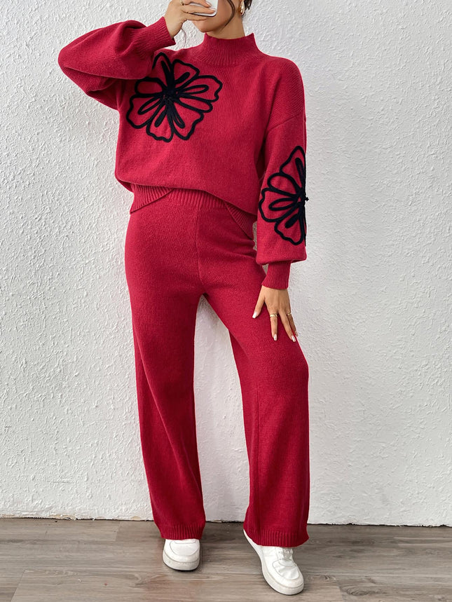 Cross-Border European and American Women's Clothing Set: Ribbon Embroidery Floral Half-High Collar Lantern Sleeve Pullover Sweater and Straight Wide-Leg Pants Two-Piece Set