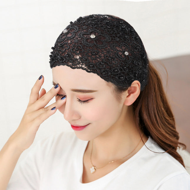 Cross-border Beaded Hair Band Women's Hollow Breathable White Hair Covering Lace Wide-brimmed Headgear Pressing Hair Tape Headband Hair Protecting