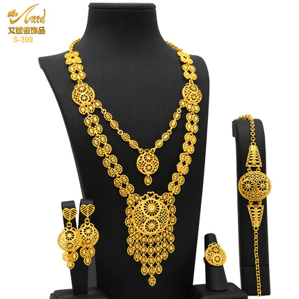 Gold-Plated Pendant Jewelry Set Bridal Wedding Jewelry Sand Gold Long Necklace Bracelet Ring Earrings Cross-Border Best-Selling Model