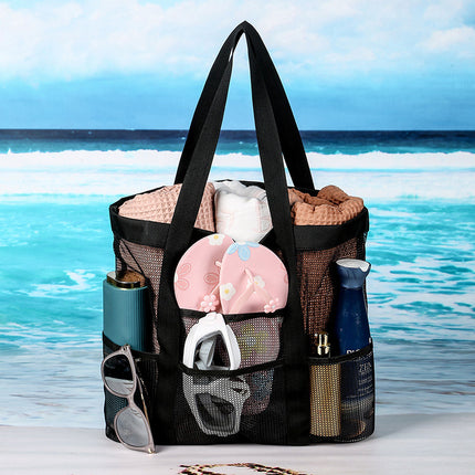 Hollow Beach Bag Shoulder Portable Mesh Bath Fitness Swimming Bath Bag 8 Pocket Cosmetics Storage Beach Bag